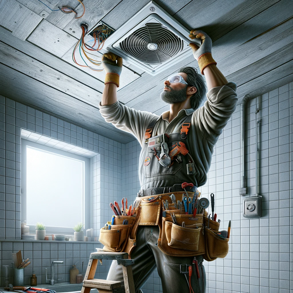 Un homme qui installe une fan de salle de bain